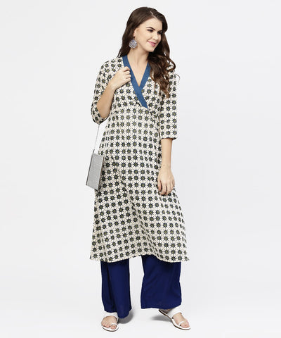 Off white 3/4th sleeve angrakha style cotton A-line kurta