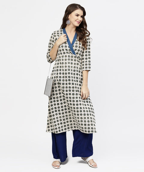 Off white 3/4th sleeve angrakha style cotton A-line kurta