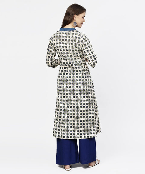 Off white 3/4th sleeve angrakha style cotton A-line kurta