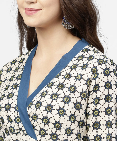 Off white 3/4th sleeve angrakha style cotton A-line kurta