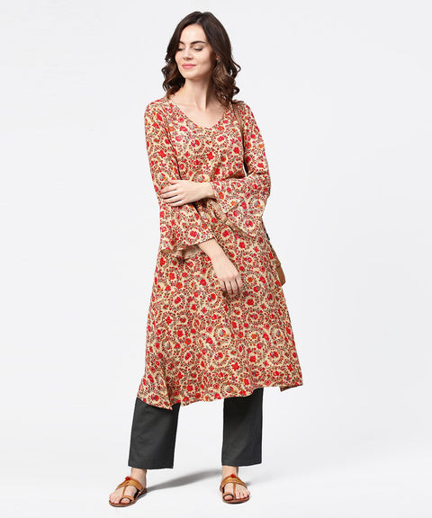 Red printed 3/4th sleeve cotton a-line kurta