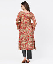 Red printed 3/4th sleeve cotton a-line kurta