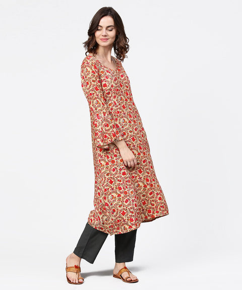 Red printed 3/4th sleeve cotton a-line kurta