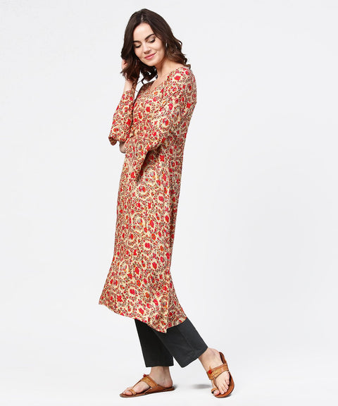 Red printed 3/4th sleeve cotton a-line kurta