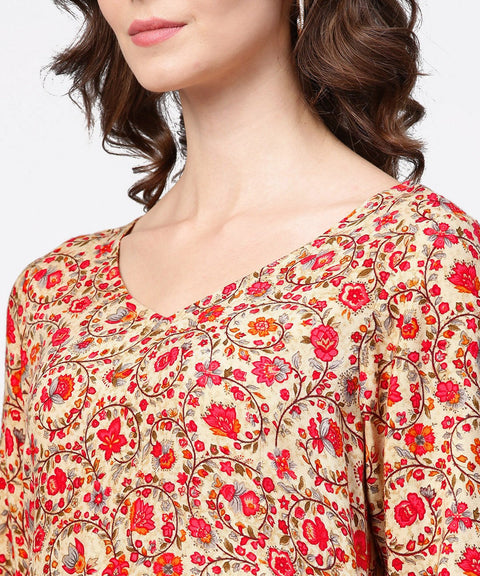 Red printed 3/4th sleeve cotton a-line kurta