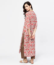 Off white printed 3/4th sleeve cotton kurta with brown ankle length pant