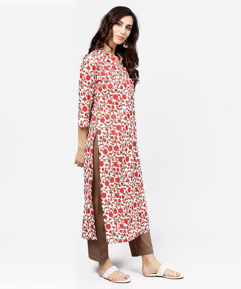 Off white printed 3/4th sleeve cotton kurta with brown ankle length pant