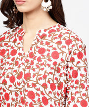 Off white printed 3/4th sleeve cotton kurta with brown ankle length pant