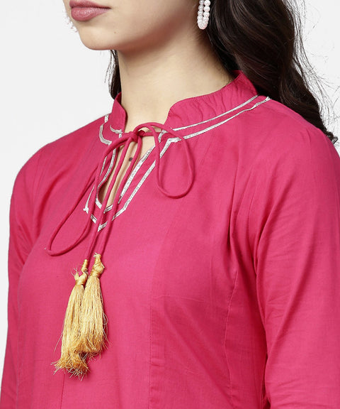 Pink 3/4th sleeve cotton A-line kurta with pink palazzo