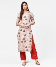 Beige printed 3/4th sleeve cotton kurta with maroon ankle length pallazo