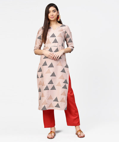 Beige printed 3/4th sleeve cotton kurta with maroon ankle length pallazo
