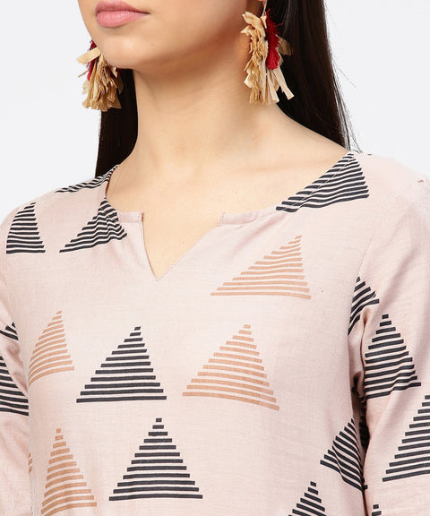 Beige printed 3/4th sleeve cotton kurta with maroon ankle length pallazo