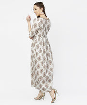 Off white printed 3/4th sleeve cotton maxi dress