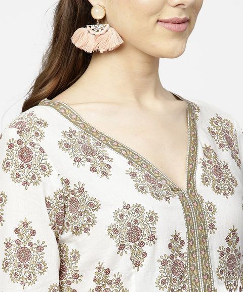 Off white printed 3/4th sleeve cotton maxi dress