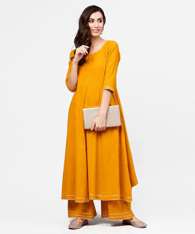 Yellow 3/4th sleeve cotton anarkali kurta with ankle length flared pallazo with gotta work