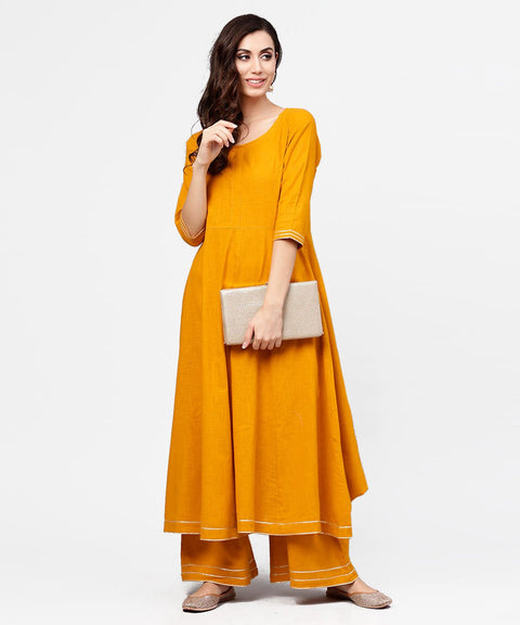 Yellow 3/4th sleeve cotton anarkali kurta with ankle length flared pallazo with gotta work