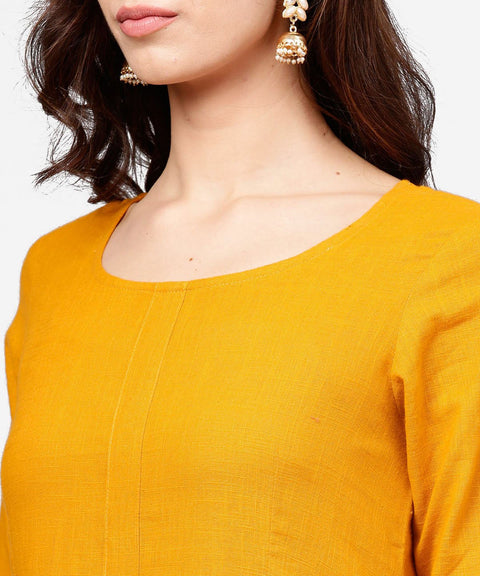 Yellow 3/4th sleeve cotton anarkali kurta with ankle length flared pallazo with gotta work