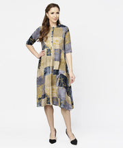 Brown & Blue printed half sleeve cotton a-line dress