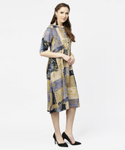 Brown & Blue printed half sleeve cotton a-line dress