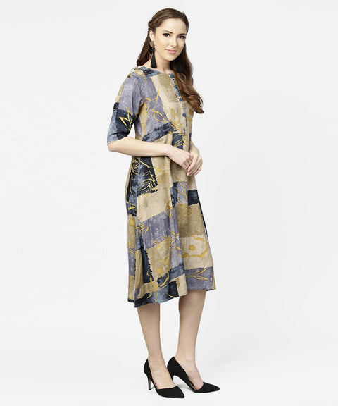 Brown & Blue printed half sleeve cotton a-line dress