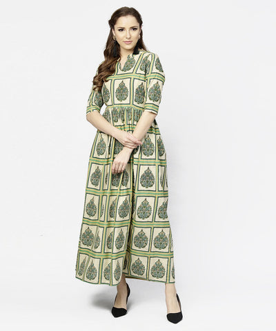 Green printed half sleeve cotton maxi dress