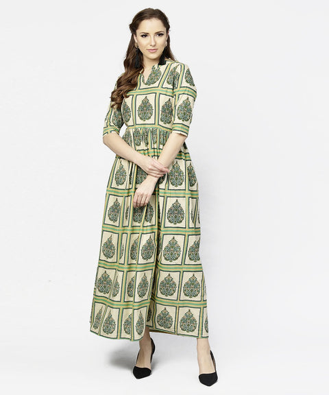 Green printed half sleeve cotton maxi dress
