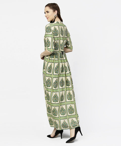 Green printed half sleeve cotton maxi dress