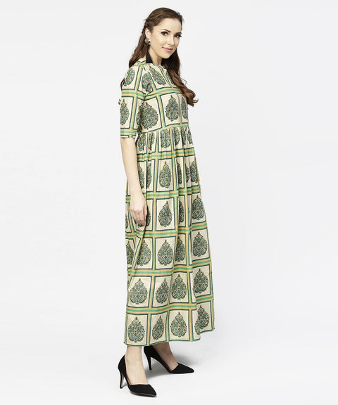 Green printed half sleeve cotton maxi dress