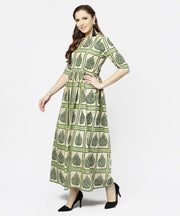 Green printed half sleeve cotton maxi dress