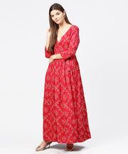 Red printed 3/4th sleeve cotton maxi dress