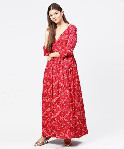 Red printed 3/4th sleeve cotton maxi dress