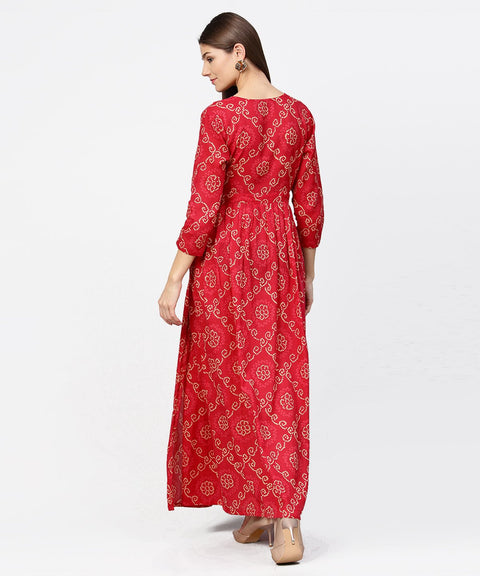 Red printed 3/4th sleeve cotton maxi dress