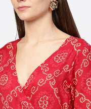 Red printed 3/4th sleeve cotton maxi dress
