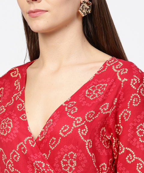 Red printed 3/4th sleeve cotton maxi dress