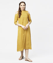 Yellow printed 3/4th cold shoulder sleeve cotton maxi dress