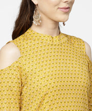 Yellow printed 3/4th cold shoulder sleeve cotton maxi dress