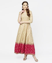 Cream & Red  printed 3/4th sleeve cotton maxi dress with red printed border