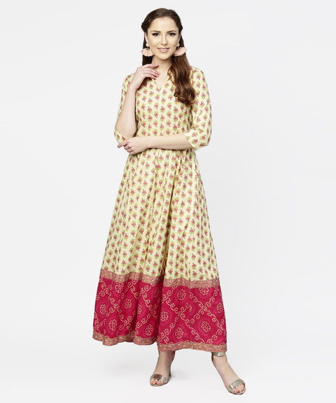 Cream & Red  printed 3/4th sleeve cotton maxi dress with red printed border