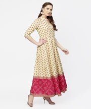 Cream & Red  printed 3/4th sleeve cotton maxi dress with red printed border