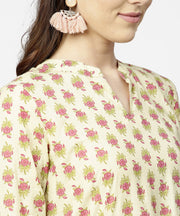 Cream & Red  printed 3/4th sleeve cotton maxi dress with red printed border