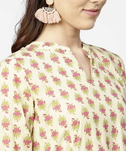 Cream & Red  printed 3/4th sleeve cotton maxi dress with red printed border