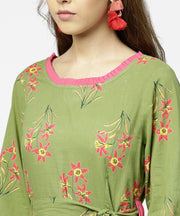 Green printed 3/4th sleeve cotton maxi dress with belt