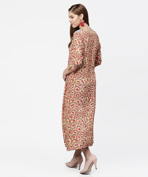 Red & Grey priinted 3/4th sleeve cotton A-line dress