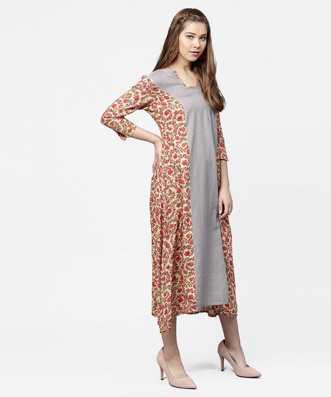 Red & Grey priinted 3/4th sleeve cotton A-line dress