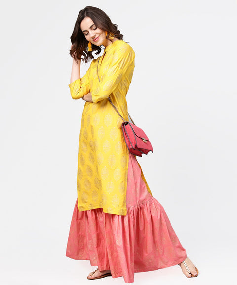 Yellow golden printed 3/4th sleeve kurta with pink ankle length sharara