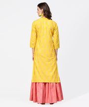 Yellow golden printed 3/4th sleeve kurta with pink ankle length sharara