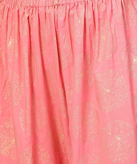 Yellow golden printed 3/4th sleeve kurta with pink ankle length sharara