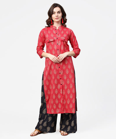 Pink printed 3/4th sleeve cotton kurta with black printed pallazo
