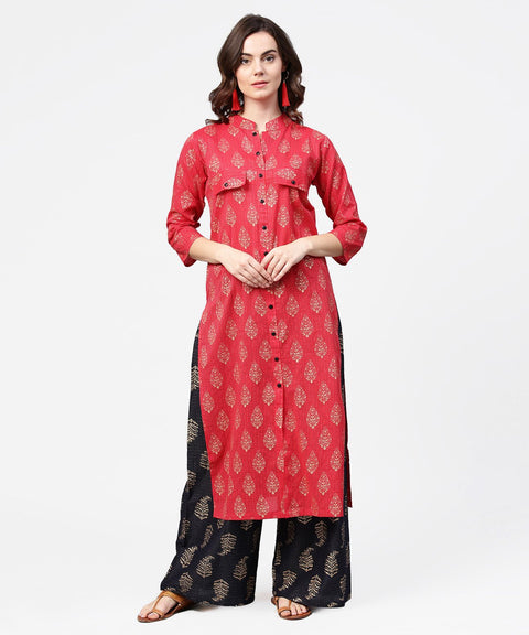 Pink printed 3/4th sleeve cotton kurta with black printed pallazo