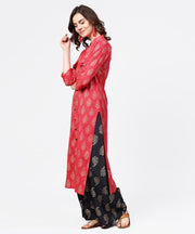 Pink printed 3/4th sleeve cotton kurta with black printed pallazo